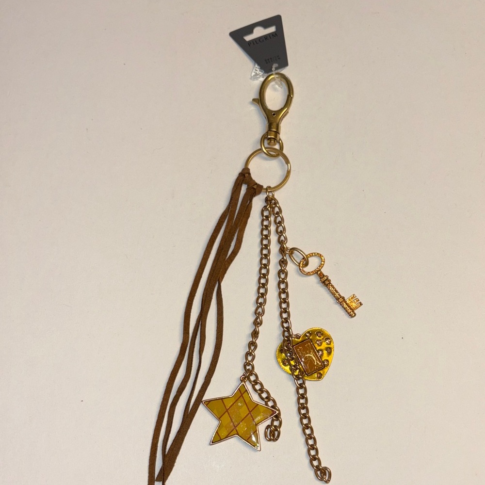 NWT Pilgrim Gold and Brown Keychain with Star and Heart Charms